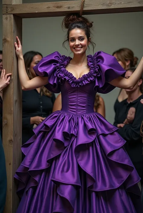 (realistic photograph close up sideways), (a pleased beautiful Caucasian lady with (messy hair bun), she is wearing (an extraordinaire shiny purple gown with (long gigantic pouf sleeves), (and with an ultra high tight stand-up collar up to her cheeks) (wit...