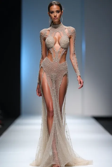 A model is wearing Cut Out, Embellished, Sheer, Beaded fitted dress in fashion show 