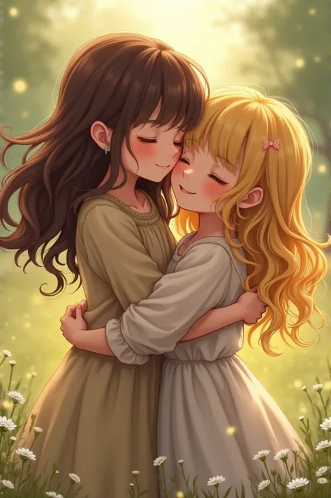 Two girls hugging each other .  The first has brown hair and the second has blonde hair.