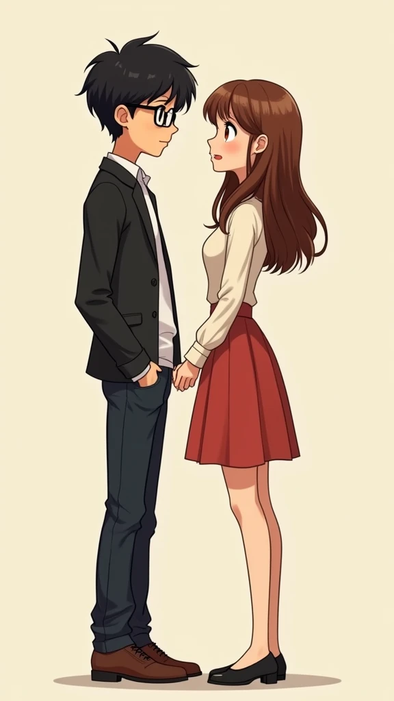  create an anime-style illustration of a couple where the boy is short, delgado, con  corto de color negro, dark eyes,  glasses together with his girlfriend is tall , slim,  corto, chestnut, dark brown eyes. Short boy and tall girl please  