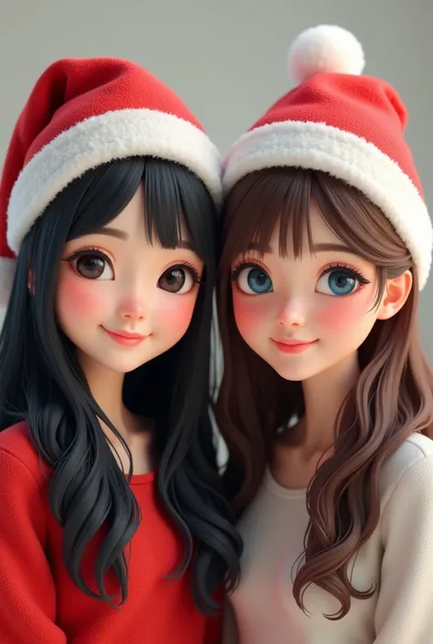 In 3D

Make two women ,  one Japanese with dark eyes and long black hair and the other western white with blue eyes and brown hair,  both from shoulder up wearing Christmas hats smiling side by side 