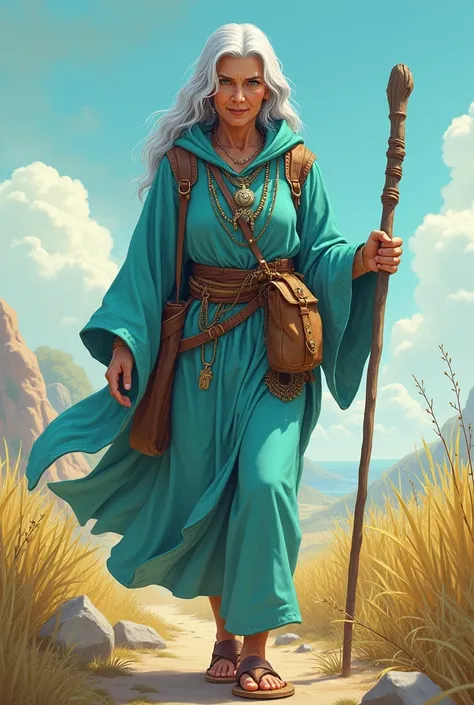 
Design an older woman with a slim build. You see his entire body. The powerful mystical "Agora". Long silver hair with a look of peace. His clothing is a light blue turquoise linen tunic with a hood, a leather belt, an old mans staff, and leather sandals....