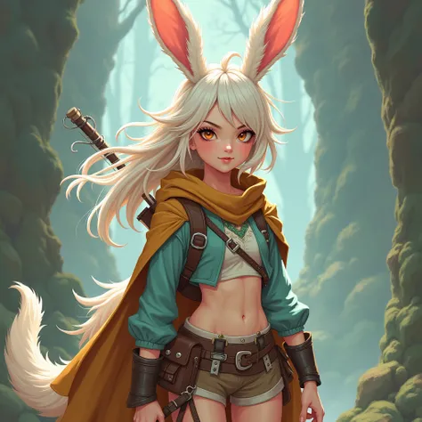 Best quality, Super detailed illustration, (fluffy bunny boy:1.4) , feminine face and body, disheveled thick hair, Adventurer Equipment, mage, dragon cult, smug smile, Half-closed eyes , Femboy, small waist, wide hips, Slim, Perfect body, DND style