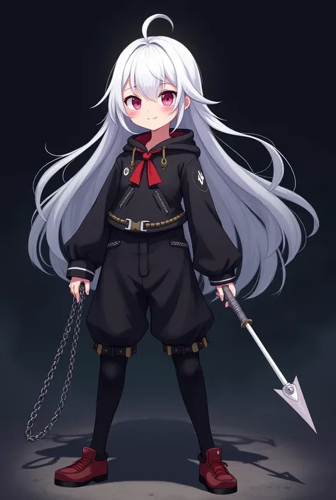  an 18-year-old girl with long white hair , with a cheerful and friendly attitude, wearing black clothes and in their hands a long chain with a small blade on one end. Anime version and in the dark 