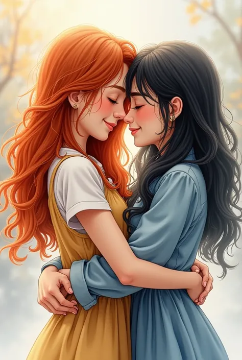 Hyper realistic watercolor image of two friends embracing a redhead and a black-haired girl 