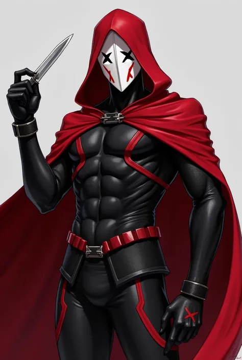  with a flowing red cape that covers his shoulders and body part .  The character wears a black outfit with red details ,  that appears to be armor or a tactical suit .  He has a red hood covering his head and a white mask with red X marks on his eyes and ...