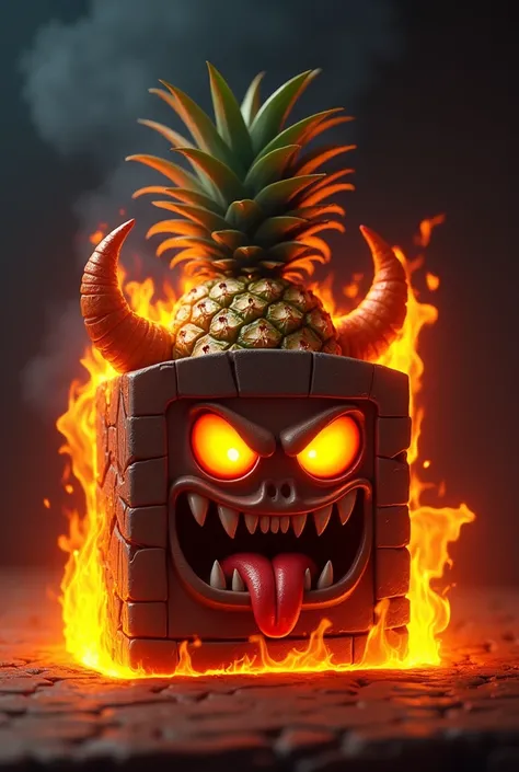 Animated logo of a square oven demonized with flames,  with pizza slice tongue , pineapple horns and dreadlocks 