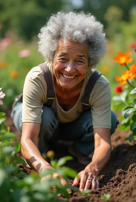 Afro gray-haired grandmother smiling planting in the garden