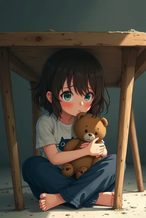 A  girl hidden under a wooden table ,  in an apparently abandoned warehouse .  His face, normally pale and full of tears . Her brown hair,  normally loose with tufts rebels ,  is messy and falls on her face ,  hiding partially her big blue eyes ,  now swol...