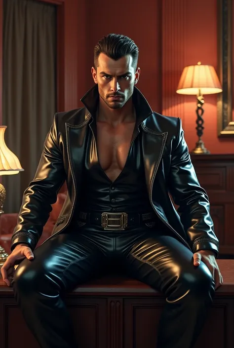 a male bar boss who wears latex costume sit on boss desk