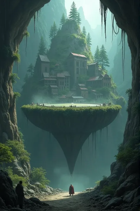 A giant, floating combat arena inside a ,  cave with a village and woods with huge trees on top but seen as abandoned or destroyed 