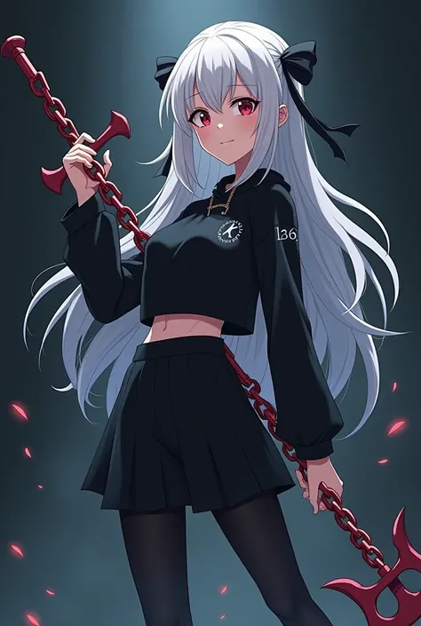 a 23-year-old girl with long white hair, with a cheerful and friendly attitude, wearing black clothes and in their hands a long chain with a small blade on one end. Anime version and in the dark 