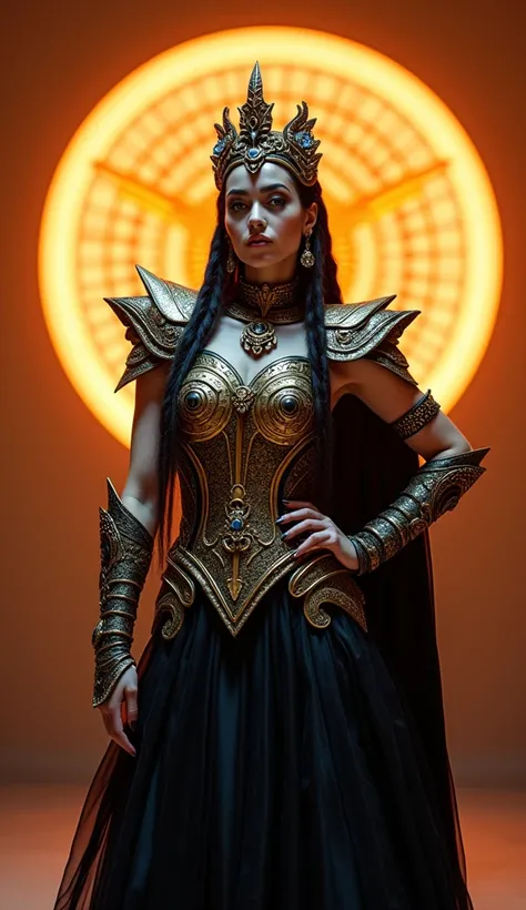 The image portrays a person dressed in an elaborate and intricate cosplay costume. Here are the detailed elements of the image:

1. **Costume**:
   - The costume appears to be inspired by a fantasy or mythological theme, possibly reminiscent of a warrior o...