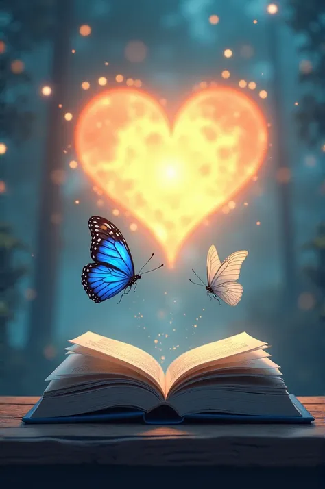 A closed book with a big blue butterfly and a white butterfly flying into the sun the sun is in the shape of a heart 