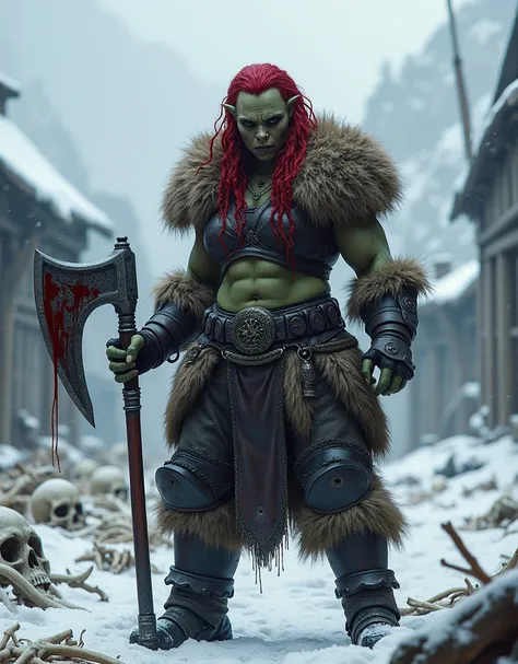 A female orc, very muscular body, blood red hair shaped in fat and long dreadlocks, sharp face lines, black eyes, two sharp fangs peaking from her mouth, has a orc warrior outfit made of thick black leather and animal fur, the outfit has steel paddings on ...