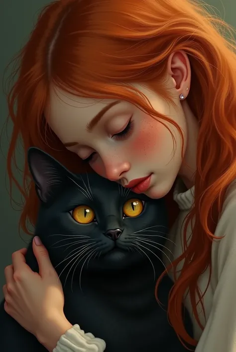 [Red-haired girl and black cat, intimately close, sharing a moment of quiet contemplation, a sense of mystery and gentle affection], [Digital painting, painterly style with a touch of realism], [Inspired by the works of  Alphonse Mucha and  Ivan Shishkin],...