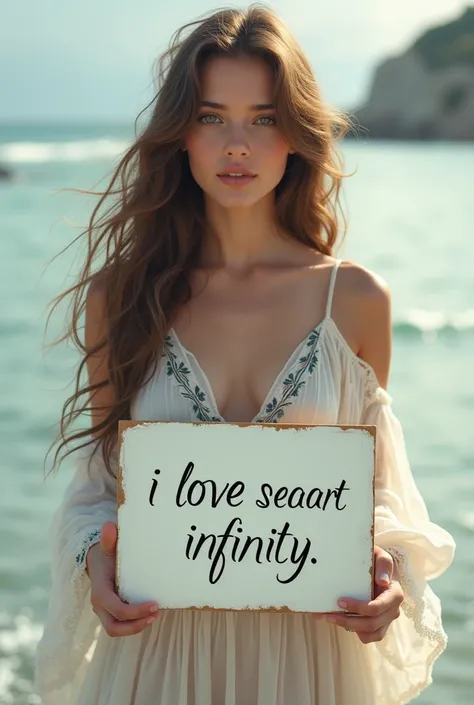  Beautiful girl with long wavy hair, bohemian dress,  holding a white board with the text " I Love Seaart Infinity "  and showing it to the spectator