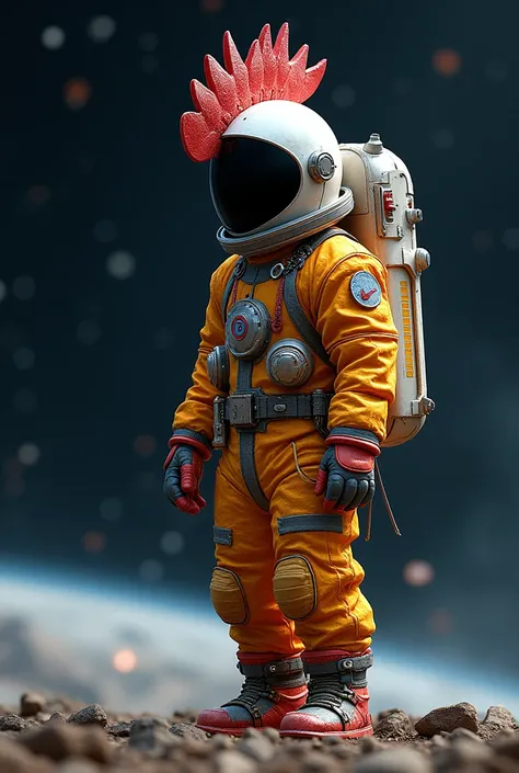 Man in a rooster space suit, in space 