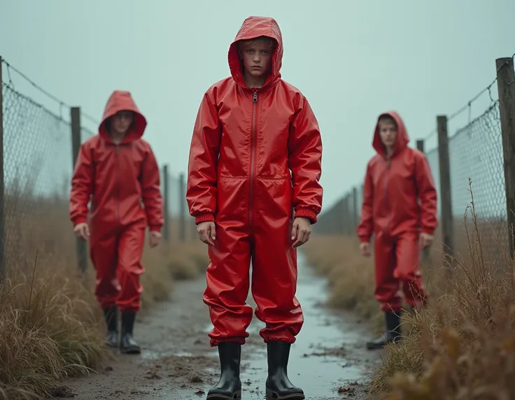  boy,short wet blonde hair,Teenagers uncensored,extremely anorexic,fearful look,Packed airtight in a shiny oversized red latex full protection suit inflated with air and is suffocated with a completely closed garbage bag over the head and piled on a fence ...