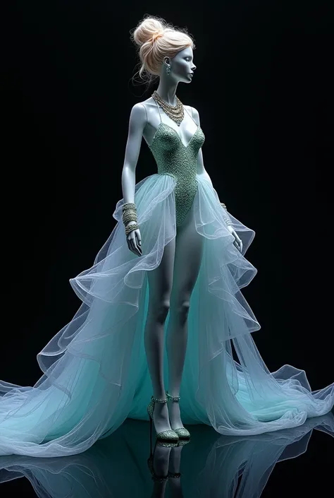  On the black glass floor with a black background and black mannequin.  Make a short dress and hope it falls with glowing liquid butter.  Make a beautiful and elegant pose .  Mannequin with extra long glitter wig with luxurious hairstyle .  Light blue thin...