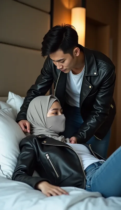 Picture of two people in a luxurious modern hotel room. A handsome and athletic Korean young man is standing next to the bed trying to rape a beautiful, cute, big boobs slim and tall Chinese young girl who is lying on the bed and trying to fight back and r...