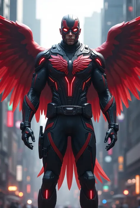 Create an image of the Marvel falcon hero with a very technological uniform 