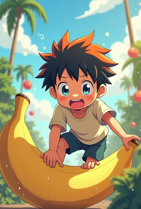 Anime boy touching a banana with his feet