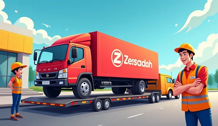 Heres a detailed prompt based on the image you provided:

"Create a vibrant and engaging illustration featuring a bright red delivery truck with a yellow bow on top, symbolizing it as a gift or a new purchase. The truck is branded with Zesaadah MOTORS on t...