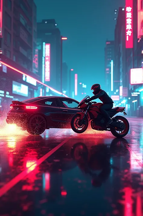 Recreate a traffic accident between a car and a motorcycle with neon colors
