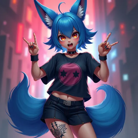 high definition add_detail:1, blue fur,kitsune ears, tribal tattoo add_detail:1 cute high school clothes, pretty girl add_detail:3 18 year old girl, short black lycra, black metal t shirt, flirty look add_detail:3, hands rock sign, shouting add_detail:1