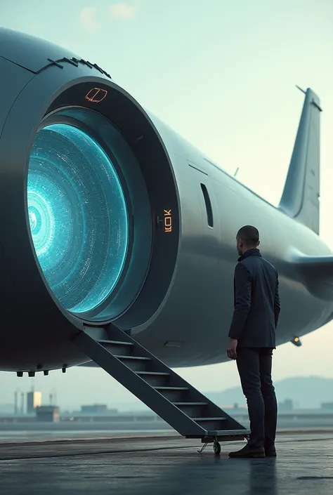  of a man boarding a futuristic plane,  and in front of it is the portal , point of viewa from the left 