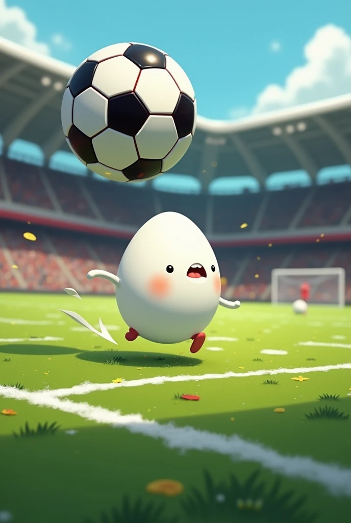 White egg ,  running desperately , on a football field, almost being stepped on by a soccer boot,  in the cartoon style 