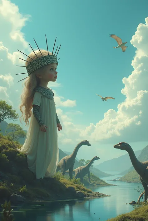  A light blue background with clouds and rivers of water , some dinosaurs .  A sexier doll looking up at the sky dressed in malevolent costumes.  With a headband with ciphers .  Shouting the name Reino de Moors 