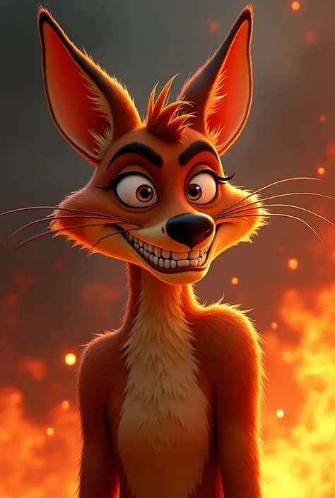 Disney pixar animation of the coyote and correcaminos , in the world with a face mode of ral-drp, , on fire, ready to kill you, gnash teeth, dripping sliva, and Movile, looking very badass, (anthropomorphism:1.6), 