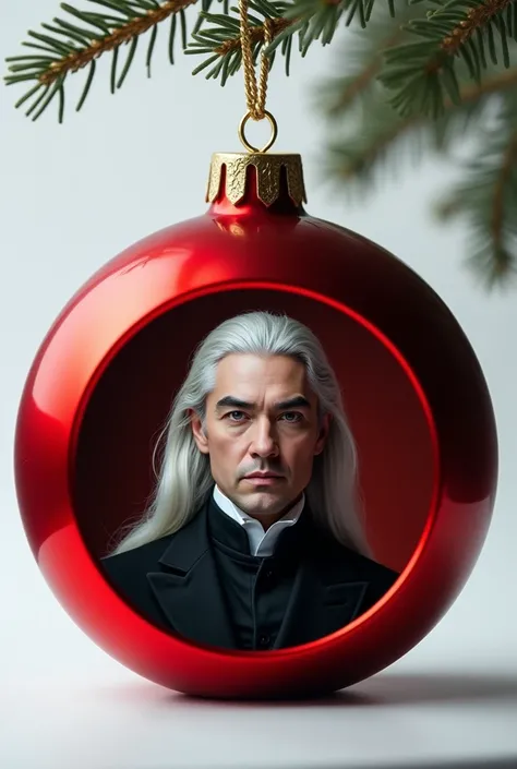  A red Christmas tree sphere ,  inside has an image of a man with long white hair, grey eyes, serious look and formal dark clothing  