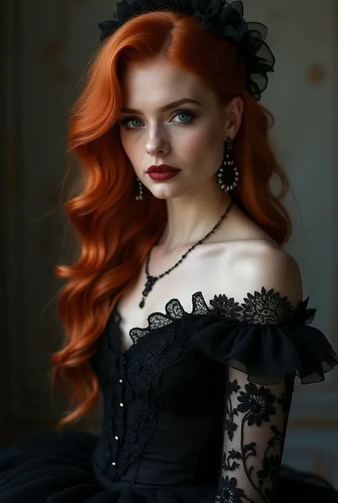 A red-haired woman in a black wedding dress