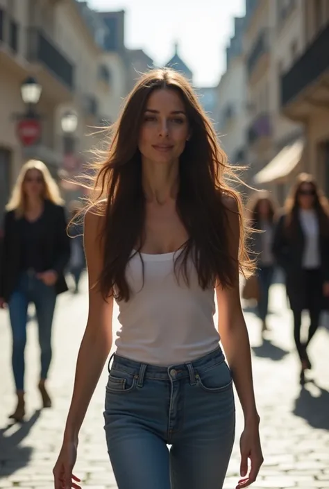 Photo qualite moyenne. Femme brune cheveux long qui marche dans les rue de la ville de bordeaux. Air songueuse. Belle silhouette. Il fait gris . Ambiance naturelle. Lumiere naturelle. Femme naive. Visage tache de rousseur. Poitrine a l’air. Jean bleu.