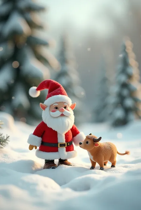 A MINI  DRESSED AS SANTA CLAUS WITH A MINI OX PLAYING IN THE SNOW