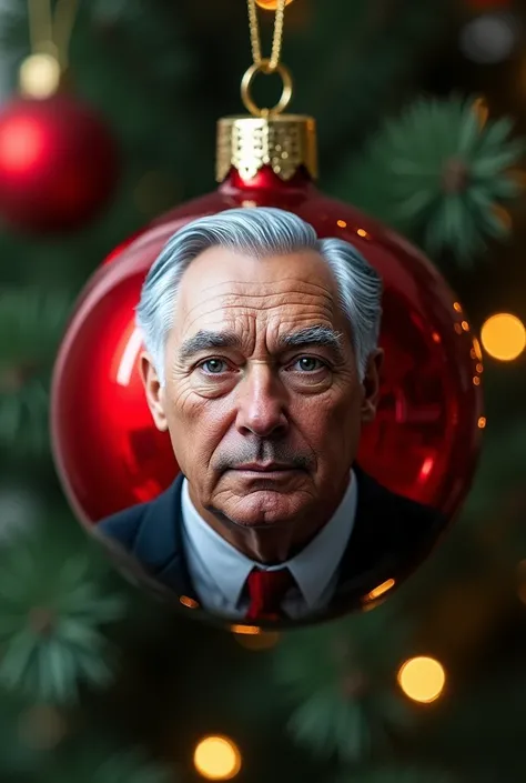  A red Christmas sphere for the Christmas tree,  but has the face of a middle-aged man , with silver hair ,  gray eyes and formal attire 