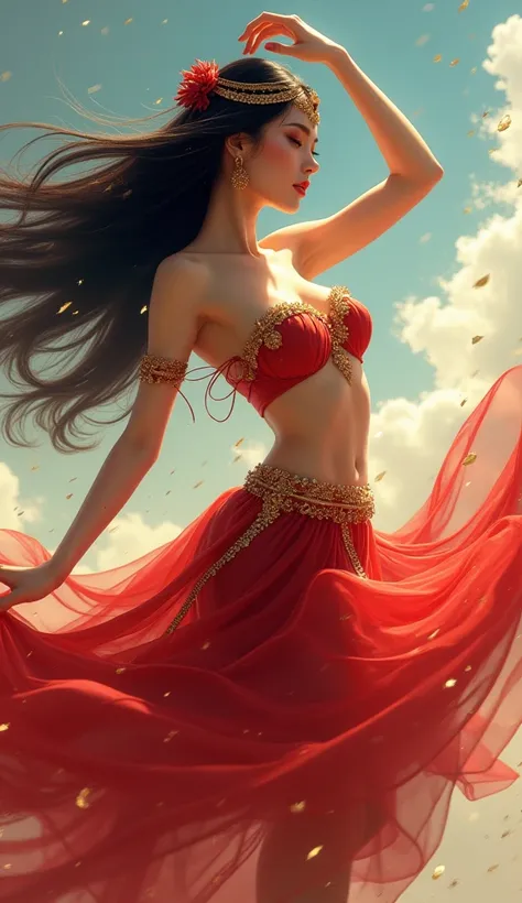 a highly detailed digital Wlop style illustration in a fantasy art style. The central figure is a woman with long, flowing black hair adorned with gold and red accessories, including a headpiece and earrings. She has fair skin and a slender, curvaceous phy...