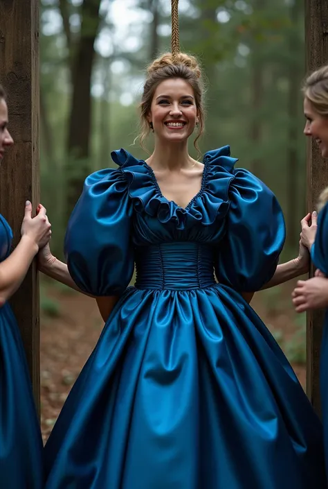 (realistic photograph close up sideways), (a pleased beautiful Caucasian lady with (messy hair bun), she is wearing (an extraordinaire shiny indigo gown with (long gigantic pouf sleeves), (and with an ultra high tight stand-up collar up to her cheeks) (wit...