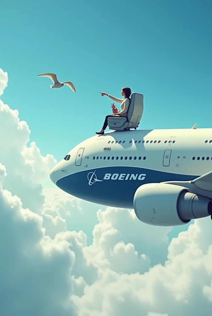 Prompt:
"An enormous Boeing airplane flying high in the sky, with a surreal and whimsical twist: on top of the airplane, outside and proportional to its size, a woman and a   are seated comfortably in a typical airplane seat. Both are securely fastened wit...