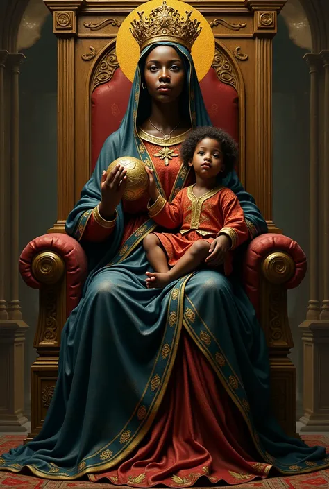  Realistic portrait of the Virgin of Montserrat with a black complexion and a profiled nose , wearing arabesque clothes , sitting on her throne,  with the boy who is holding a sphere in his left hand on his lap