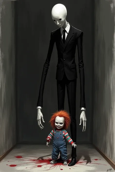 Slenderman and Chucky together drawing style