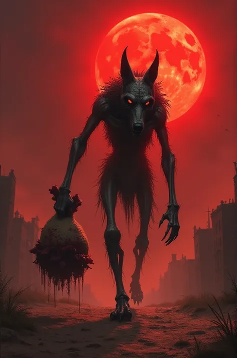 A gaunt figure with the mangy head of a jackal, it prowls a barren desert village under a blood-red moon. Its skeletal hands clutch a sack filled with human remains, and the sound of its raspy breathing is the only warning before it strikes.