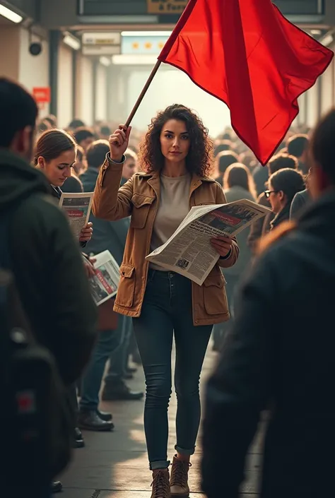 Une femme avec un drapeau rouge a la main qui distribue des journaux à des personnes qui sortent du métro de Lille