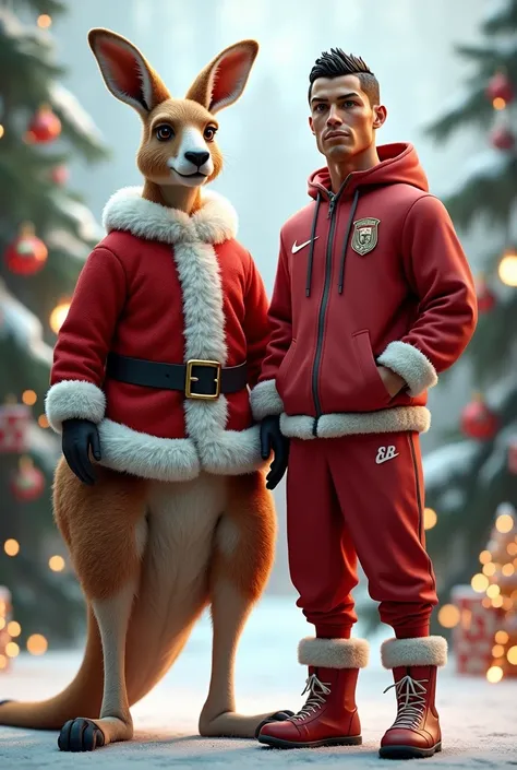 Create a realistic kangaroo in Santa Claus costume, He is with Cristiano Ronaldo 