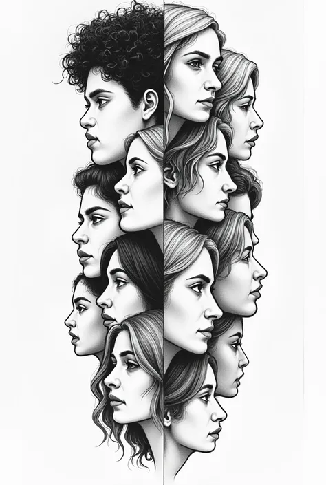 A design of several faces glued one next to the other that is in the form of a black and white drawing 
