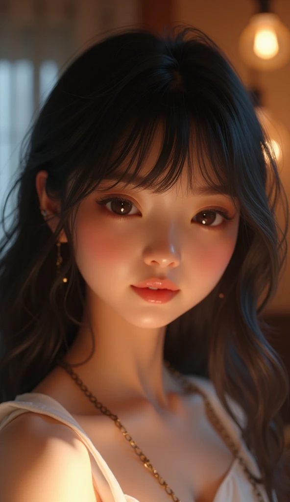 a realistic picture of a cute, petite, south korean  with a fair skin tone, black hair with bangs,  button nose, taking a selfie in room, smiling, head tilted slightly, backlighting, film grain, 480p resolution, photorealistic, high fidelity, motion blur