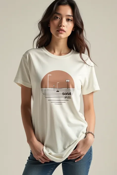 Oversai t-shirt model where it says small mazzo on the shoulder and chest with design 
